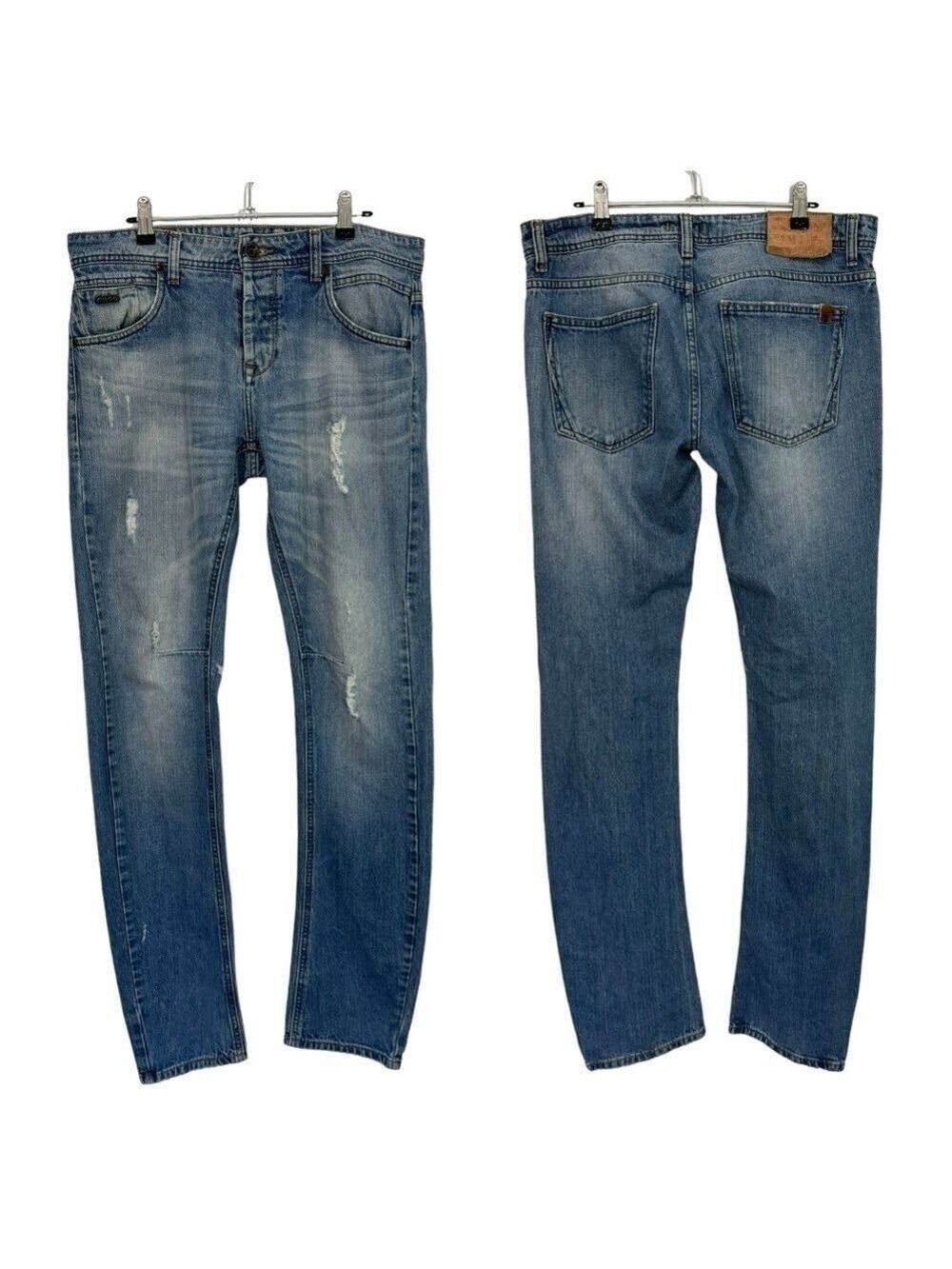 Rifle Slim Straight Leg Jeans Mens 32/35 Medium Wash Denim Distressed Casual GUC